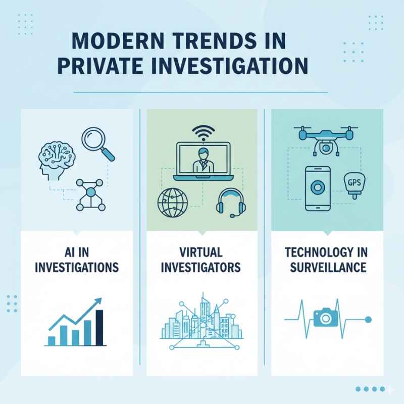 Infographic illustration highlighting modern private investigator trends with AI tools, virtual investigators, and surveillance tech