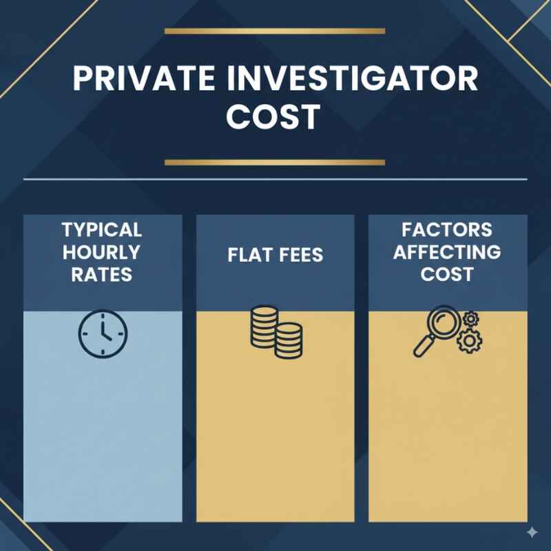 Infographic on Private Investigator cost showing hourly rates, flat fees, and key factors influencing investigation expenses