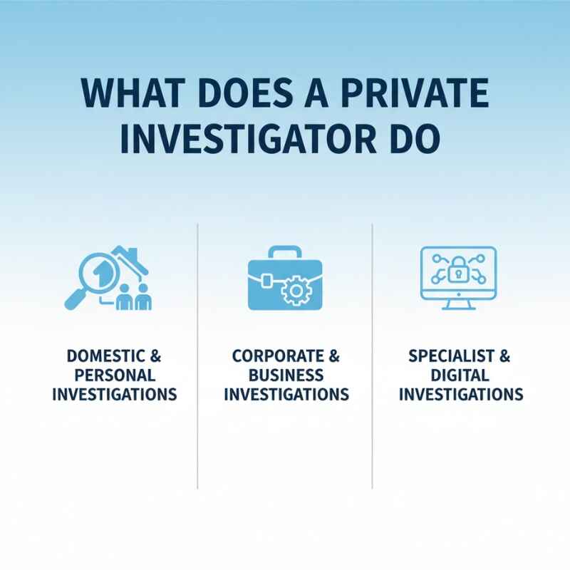 Illustration showing Private Investigator services including domestic, corporate, and digital investigations with icons